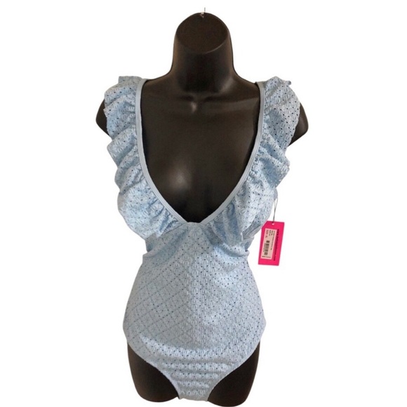 Betsey Johnson Clear sky blue 1piece Ruffle strap eyelet Swimsuit size small new - Picture 6 of 16